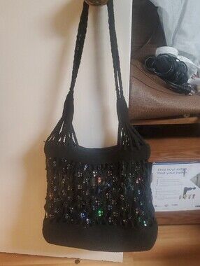 Capelli of New York Black Sequin Crochet Shoulder Tote